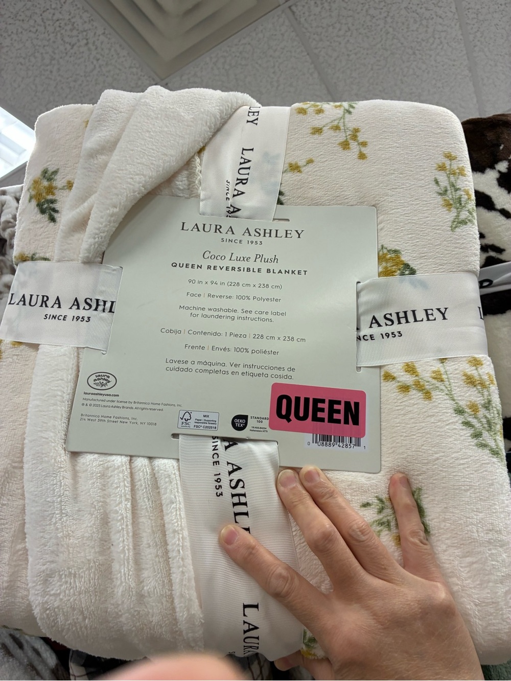 Laura Ashley Cream Floral Queen Plush Reversible Blanket